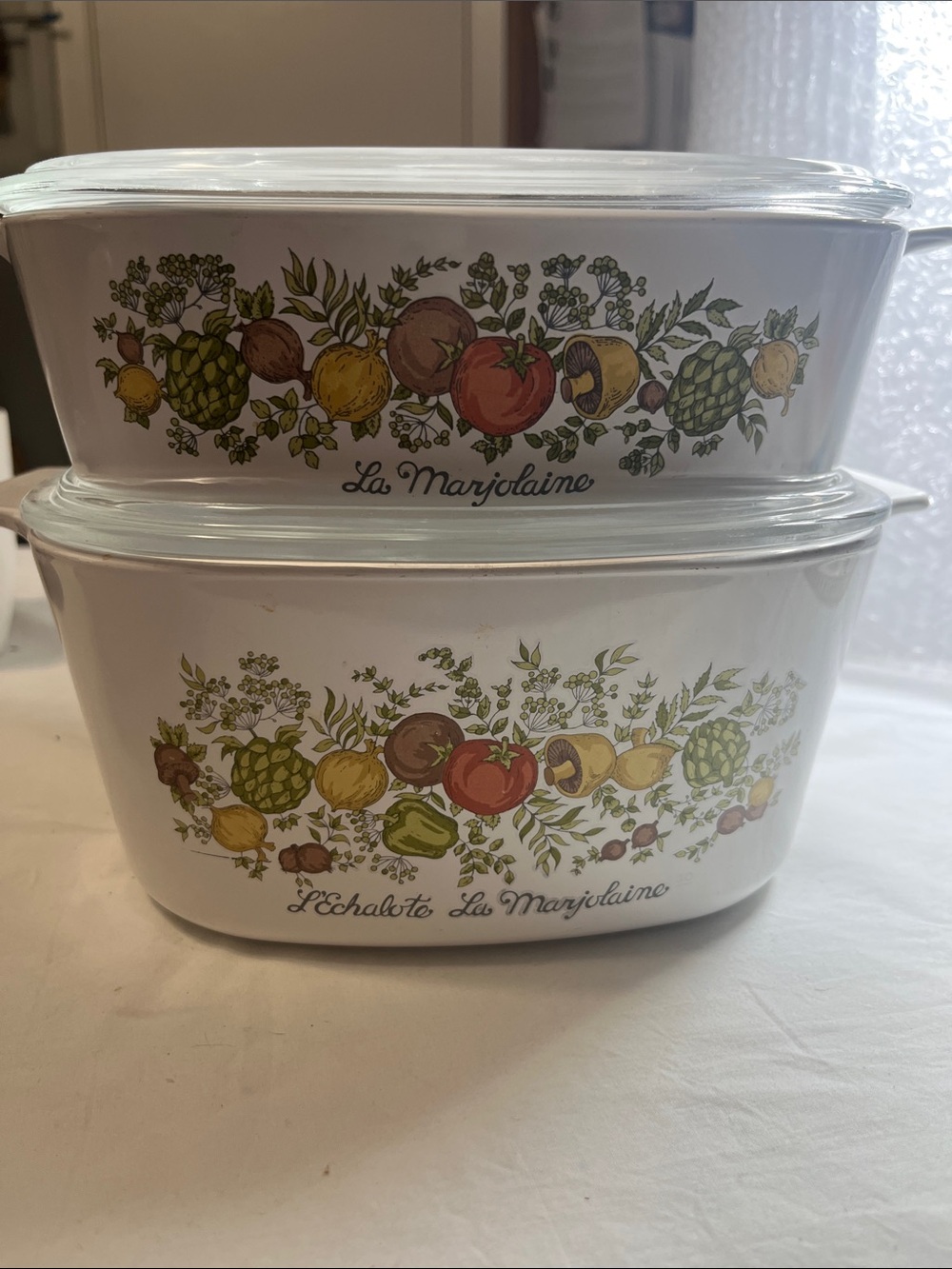 Corningware White Glass Casserole Set with Vegetable Motif